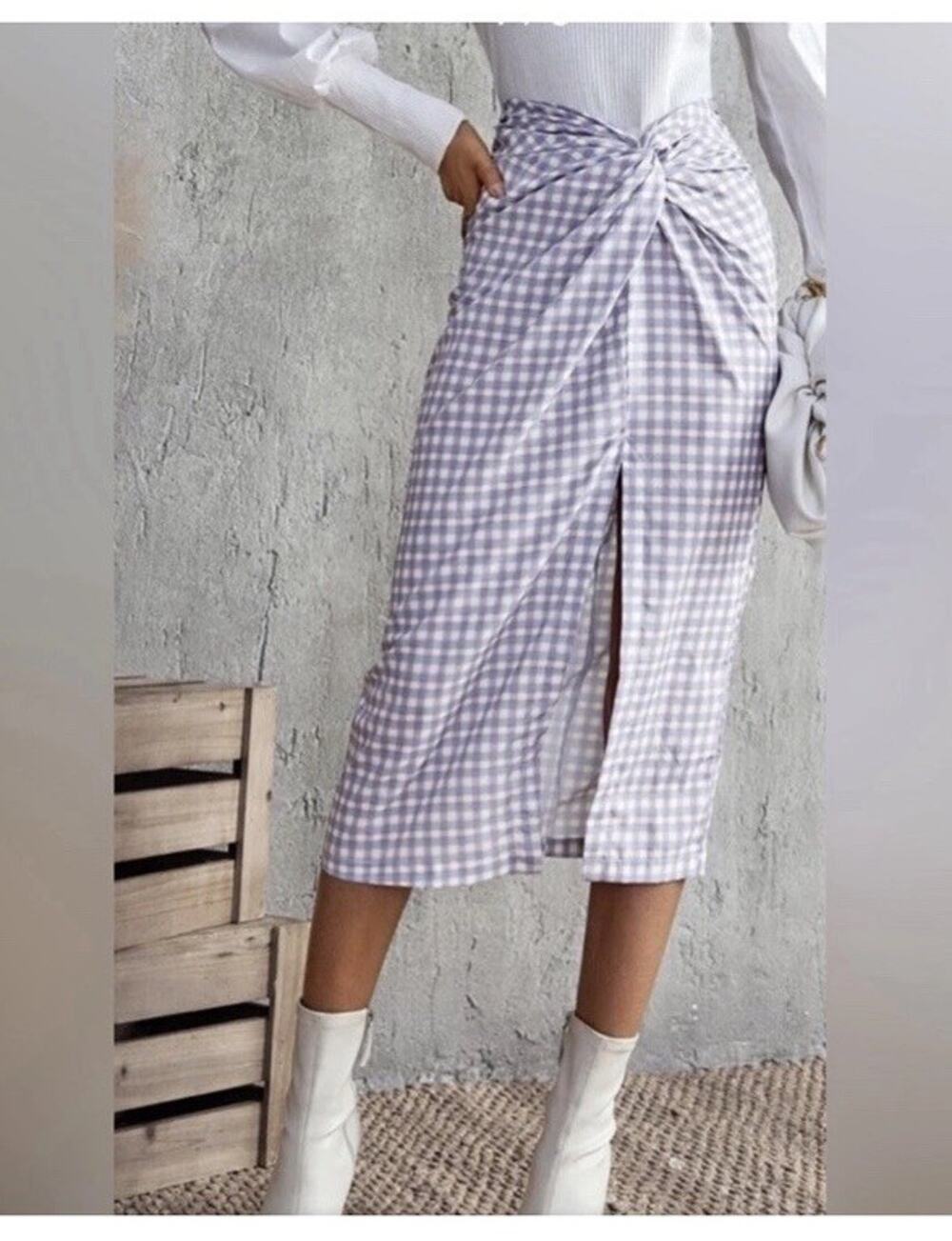 NEW Zara Gingham Wrap Midi Skirt Size XS Lavender Purple Side Slit